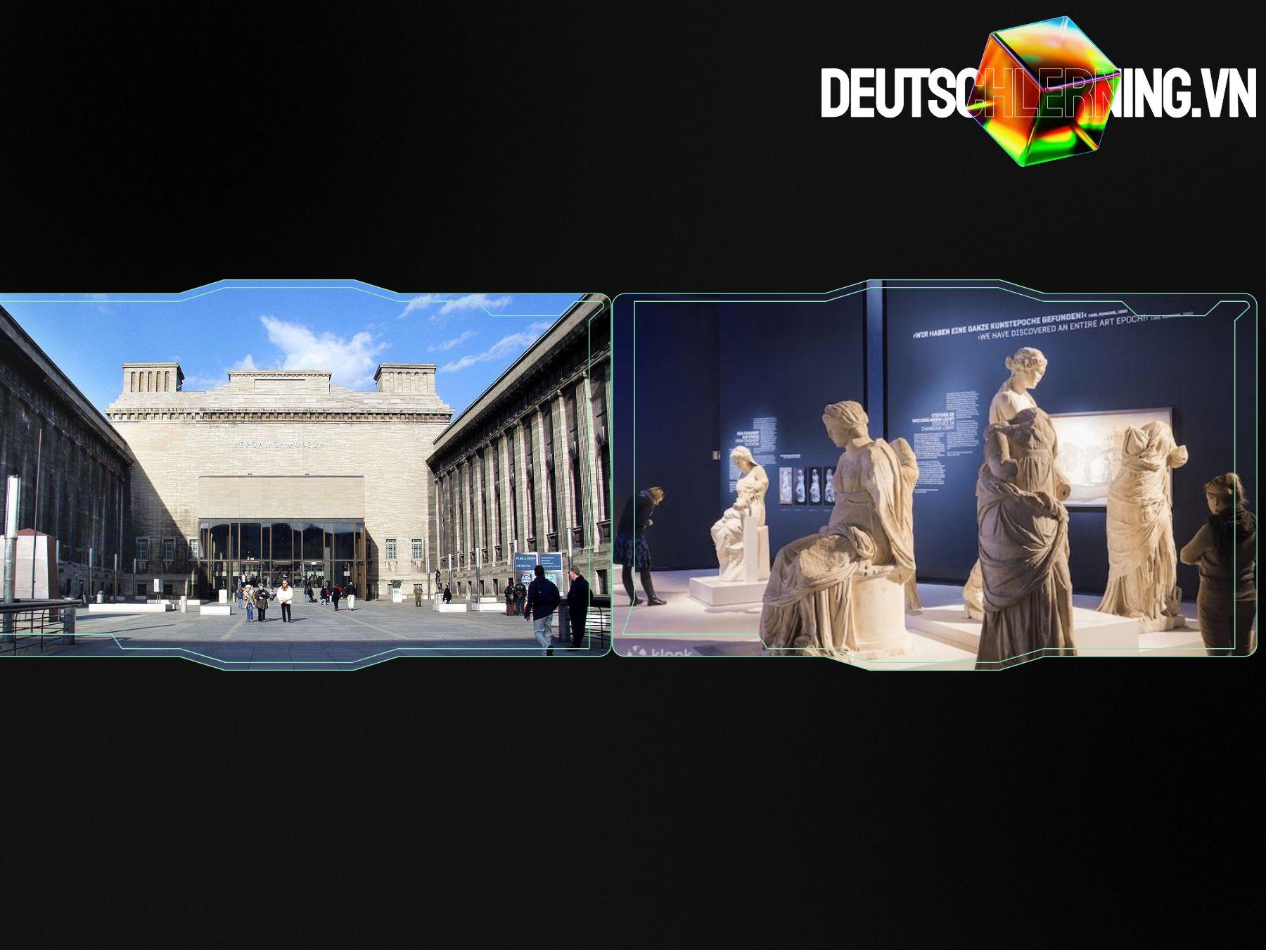 Bảo tàng Pergamon nằm trên đảo Museum tại Berlin vào buổi tối.