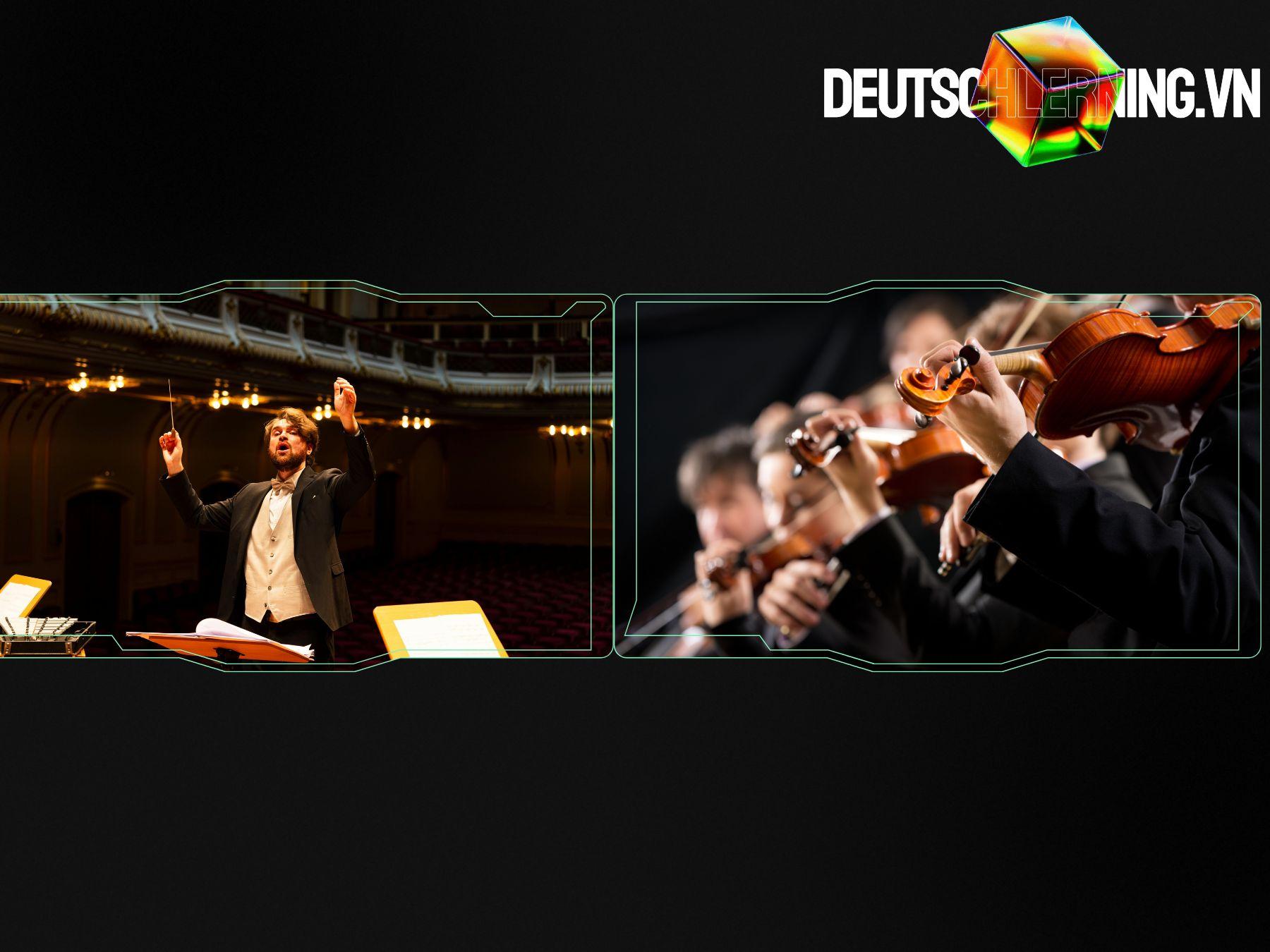 Nhạc trưởng điều khiển dàn nhạc giao hưởng trong khán phòng lộng lẫy.